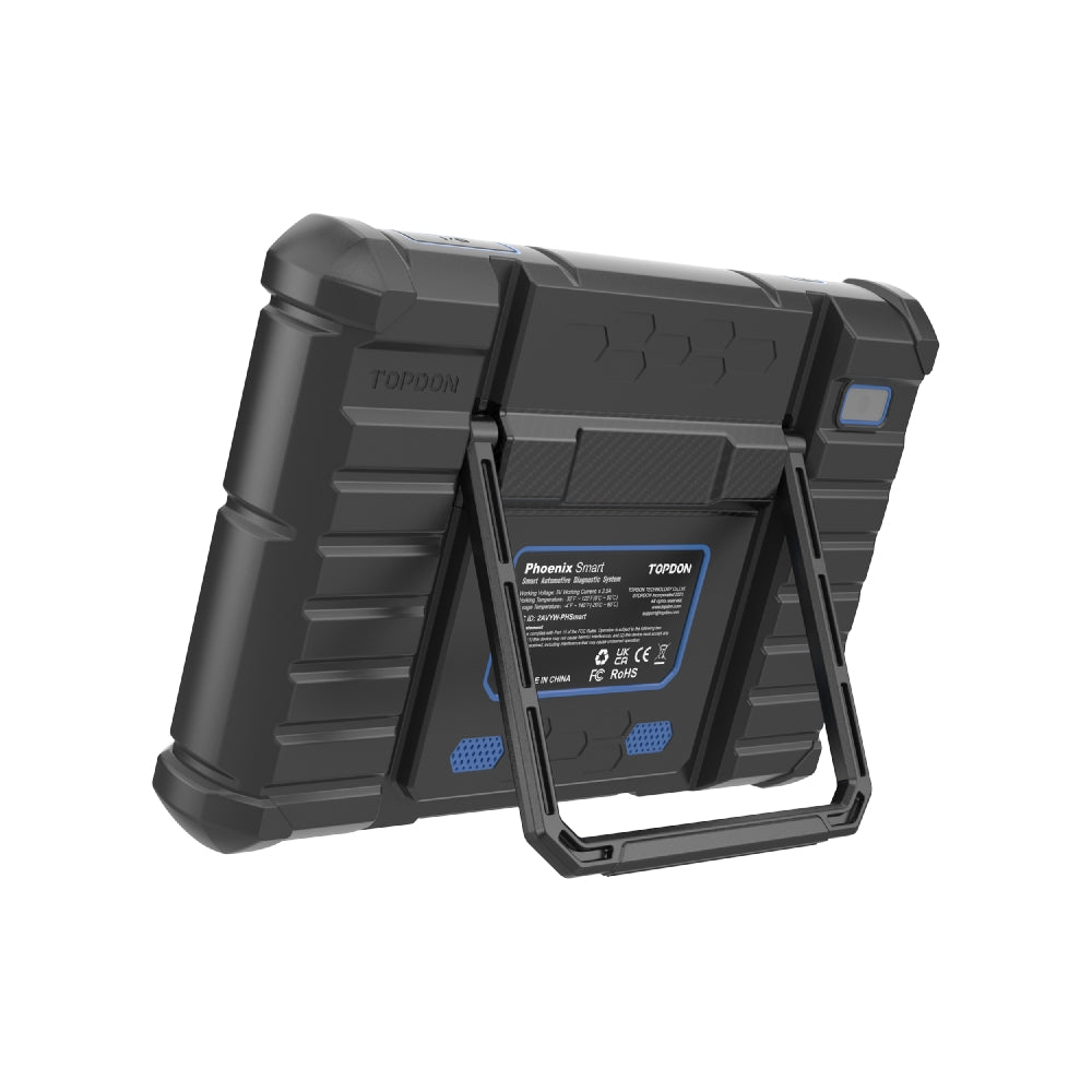 TOPDON Phoenix Smart rear angle view with built-in kickstand extended for hands-free workshop use