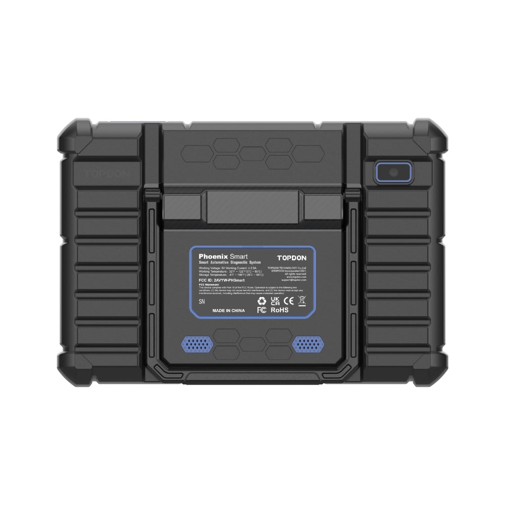 TOPDON Phoenix Smart rear panel showing model rating label and FCC, CE and UKCA certification marks