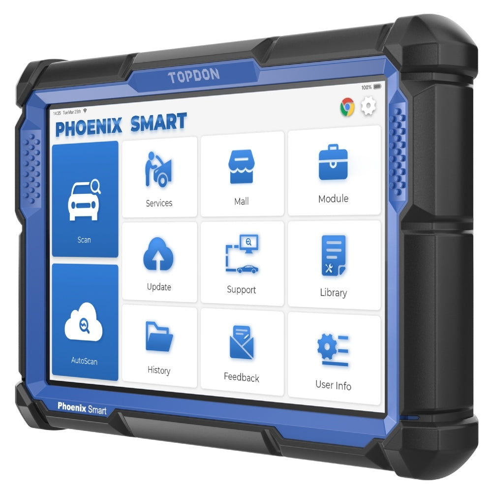 TOPDON Phoenix Smart right side angle view showing blue-trimmed casing and full diagnostic home screen