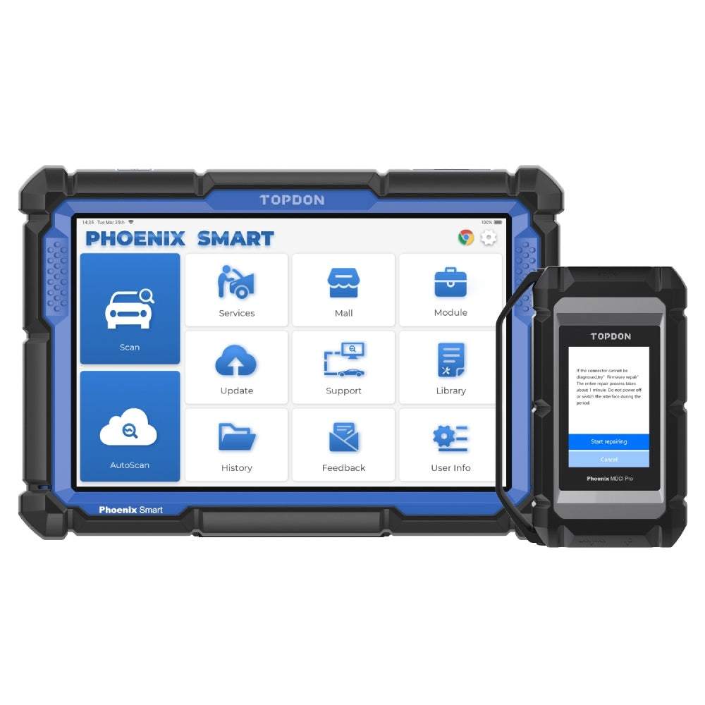 TOPDON Phoenix Smart diagnostic tablet paired with Phoenix MDCI Pro VCI connector unit