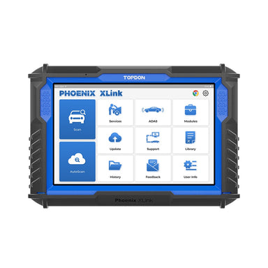 TOPDON Phoenix XLink front view showing home screen with scan, ADAS, AutoScan and services menu icons on a white background