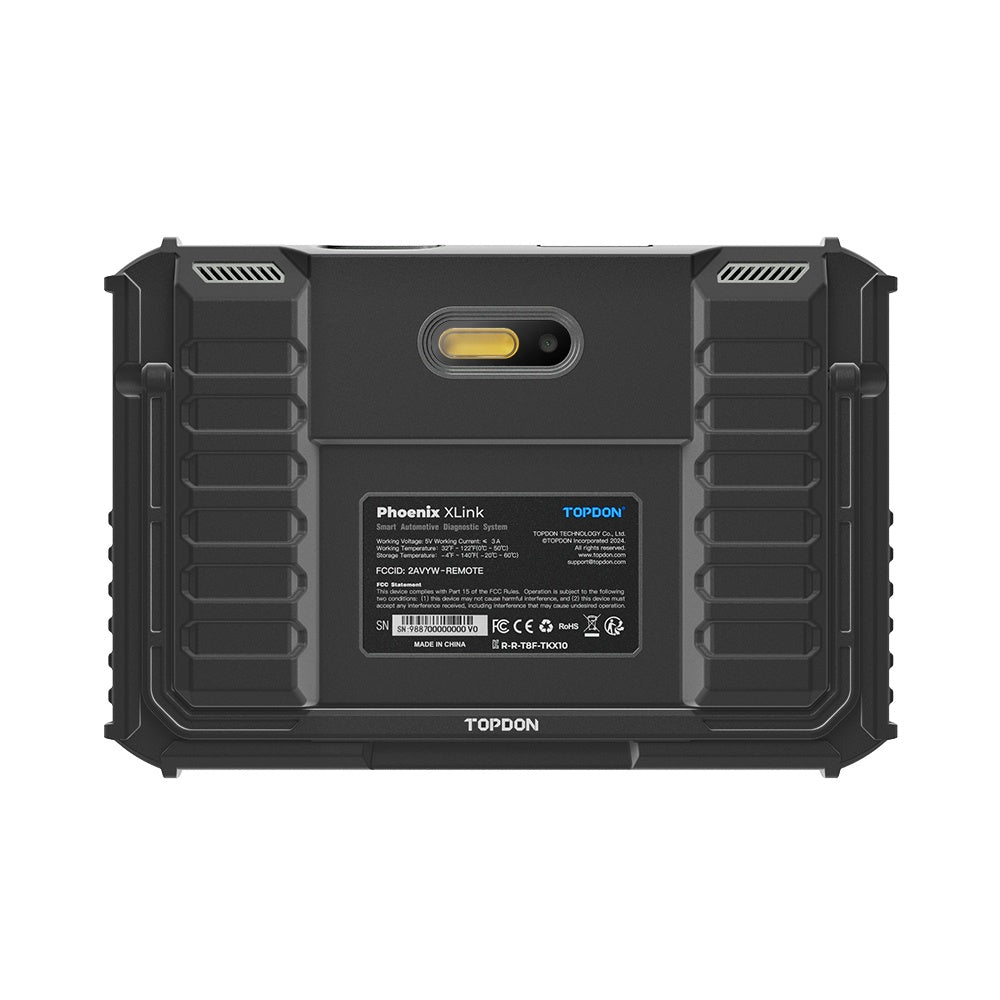 TOPDON Phoenix XLink rear panel showing camera, LED flash and FCC, CE and RoHS certification marks on a white background