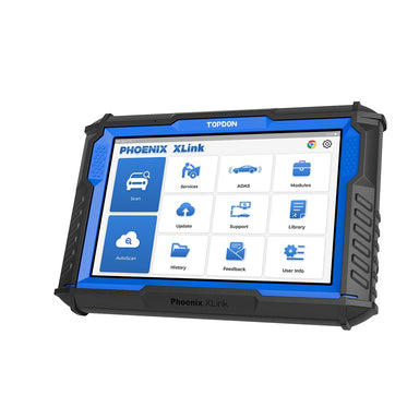 TOPDON Phoenix XLink right side angle view showing blue-framed casing and full diagnostic home screen