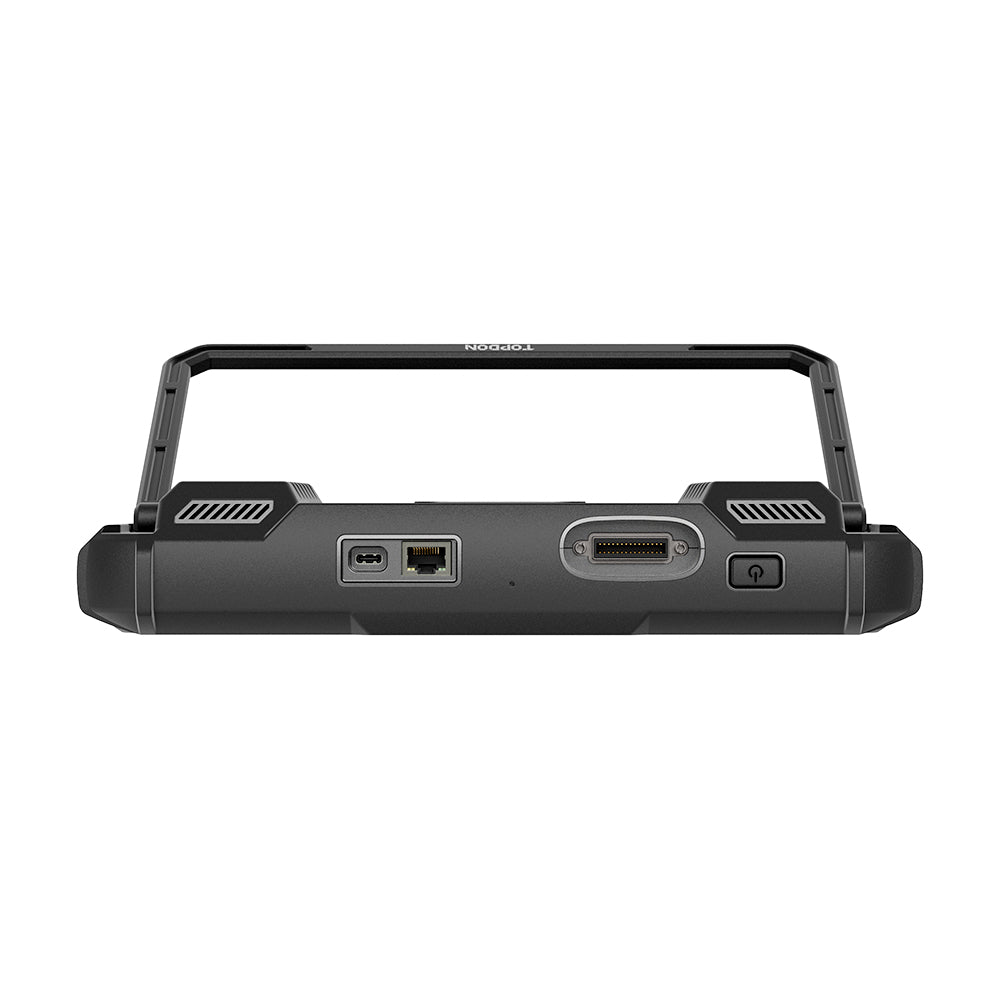 TOPDON Phoenix XLink top edge showing ports and and power button with stand extended on a white background