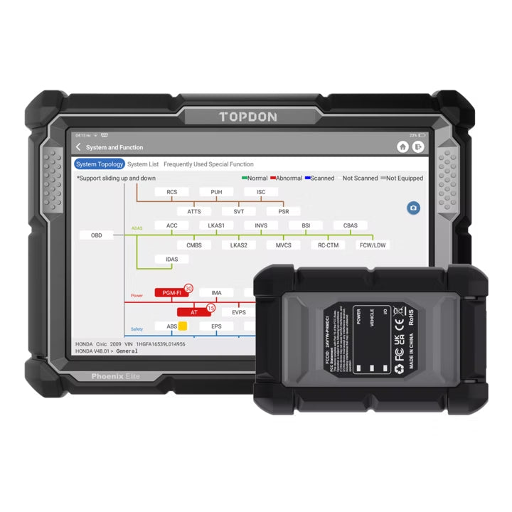 Topdon diagnostic tablet with screen displaying software interface on a white background