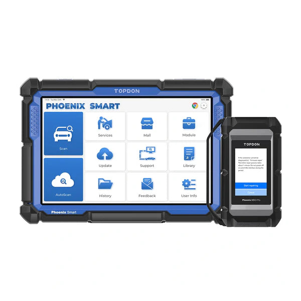 Topdon diagnostic tool with screen displaying software interface on a white background