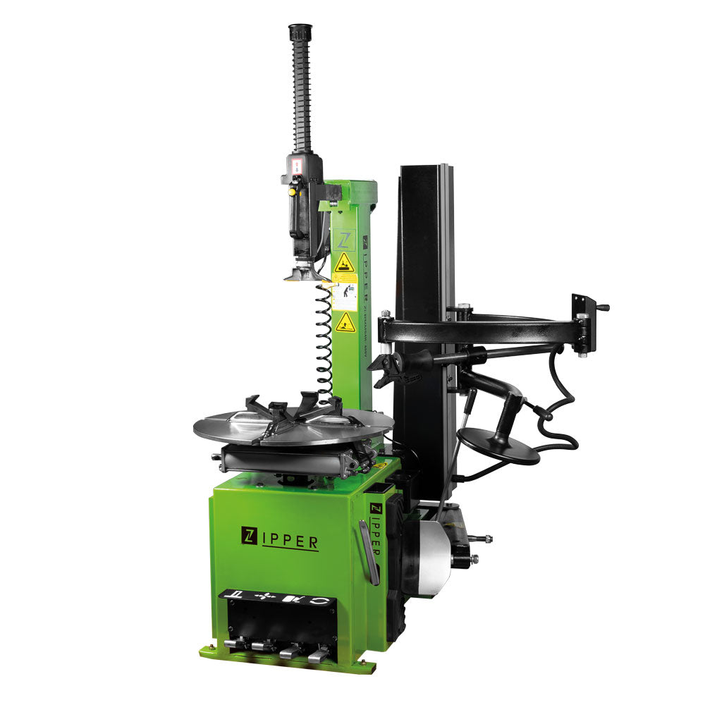 Green Zipper tyre changer machine with 'Zipper' branding on a white background, front side view
