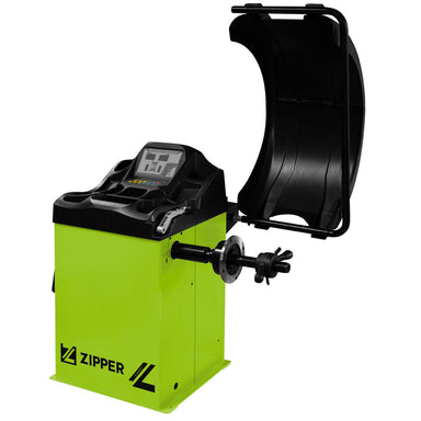 Zipper Green Tyre Balancer Machine empty on a white background in a front angled view